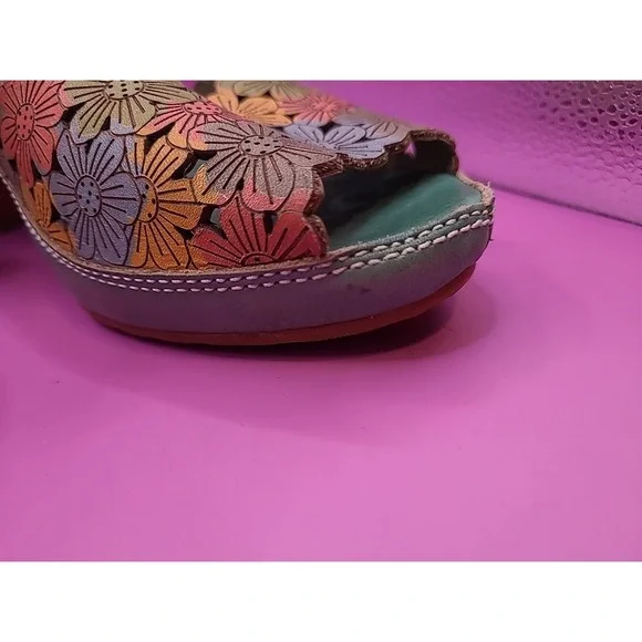 L'Artiste AVNIA Sandals Blue Multi Floral Hand Painted Peep Toe Heels 39 - Picture 8 of 12